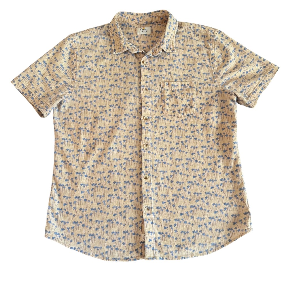 Marine Layer Medium Yellow Blue Palm Tree Short Sleeve Mens Button Up Shirt
